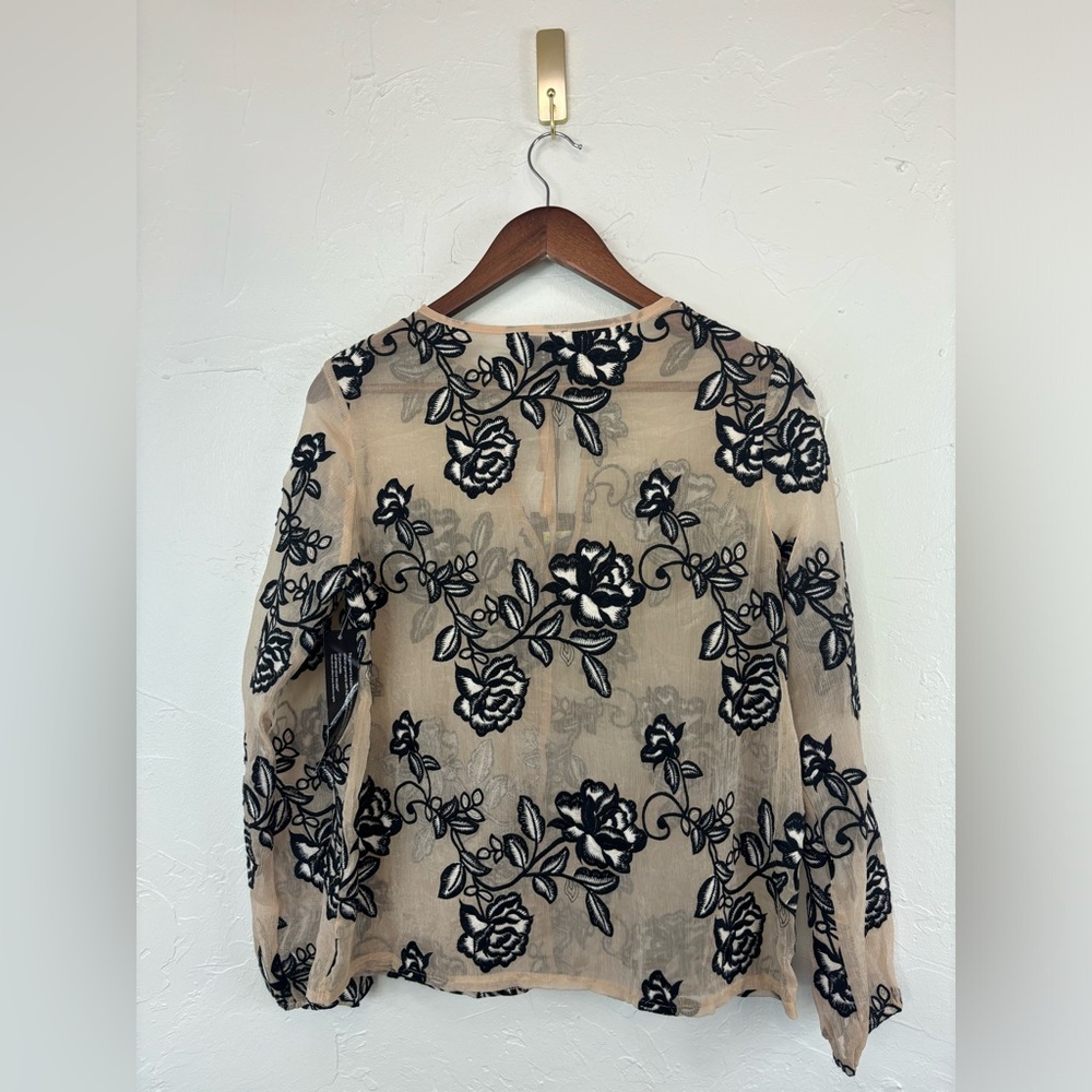 GOLDIE Women's Black Floral Flower Embroidery Sheer Blouse Cream Office Feminine - Picture 10 of 16